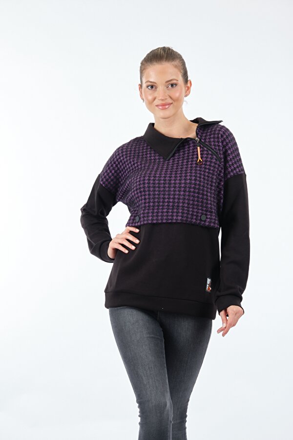 Gömlek Yaka Desenli Uzun Kollu Siyah Kadın Sweatshirt 22233303