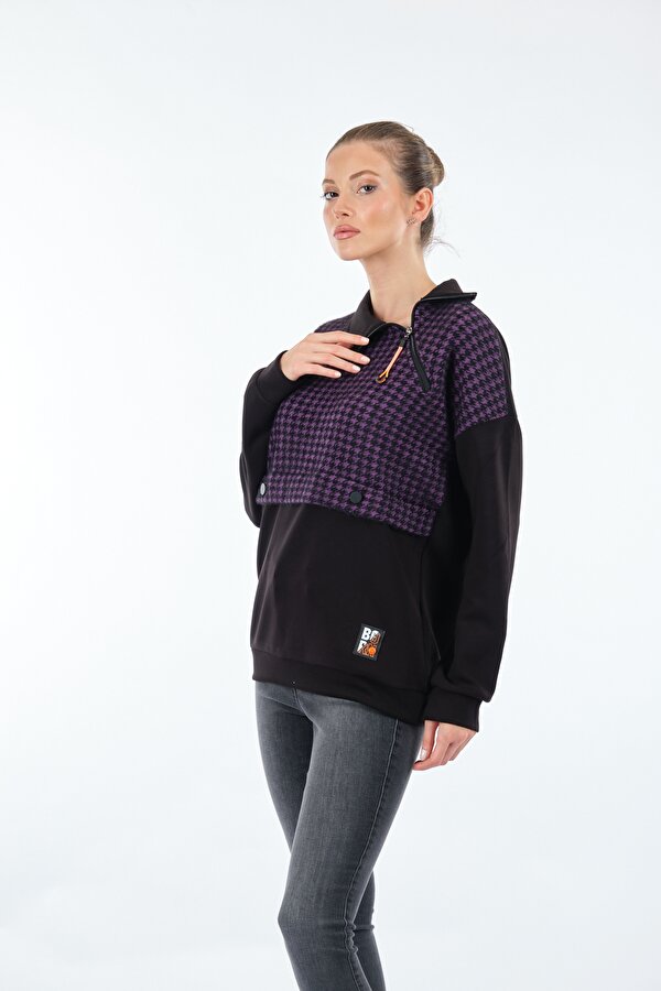 Gömlek Yaka Desenli Uzun Kollu Siyah Kadın Sweatshirt 22233303