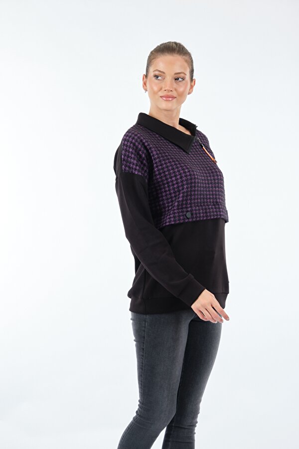 Gömlek Yaka Desenli Uzun Kollu Siyah Kadın Sweatshirt 22233303