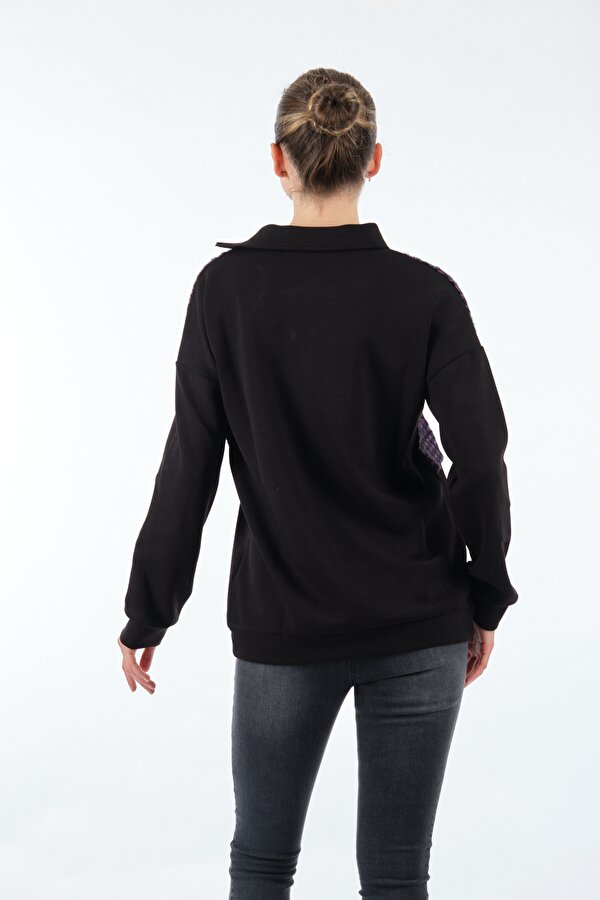 Gömlek Yaka Desenli Uzun Kollu Siyah Kadın Sweatshirt 22233303