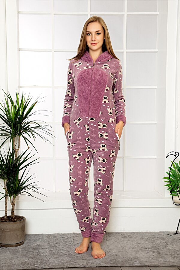 Fermuar Detaylı Kışlık Welsoft Polar Kadın Tulum Pijama Takımı
