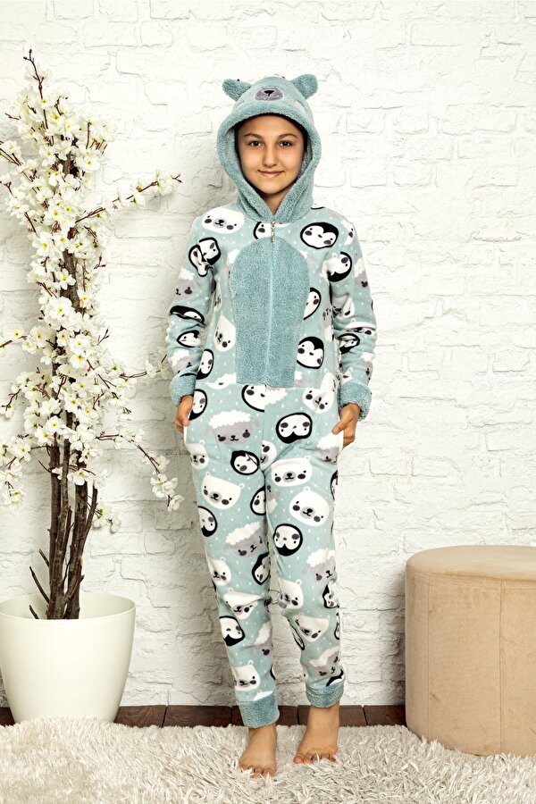Desenli Kışlık Kız Çocuk Polar Tulum Pijama Takımı