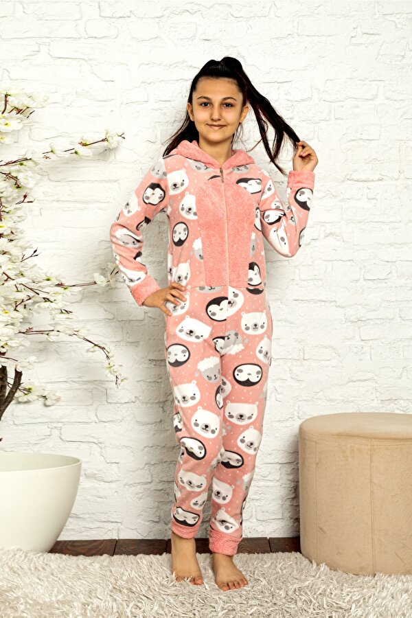 Desenli Kışlık Kız Çocuk Polar Tulum Pijama Takımı