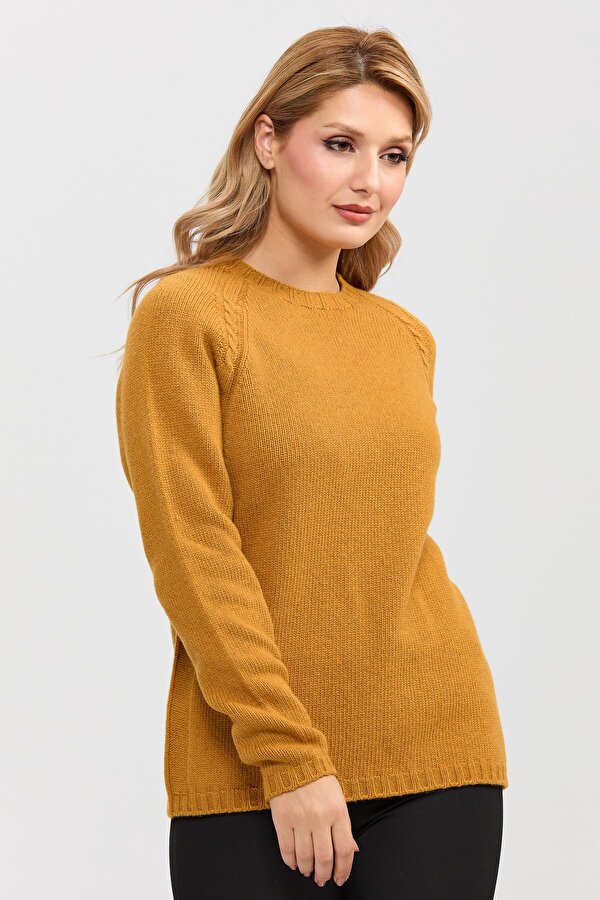 Kadın Sıfır Yaka Omzu Saç Örgülü Yün Kazak 22096 Hardal
