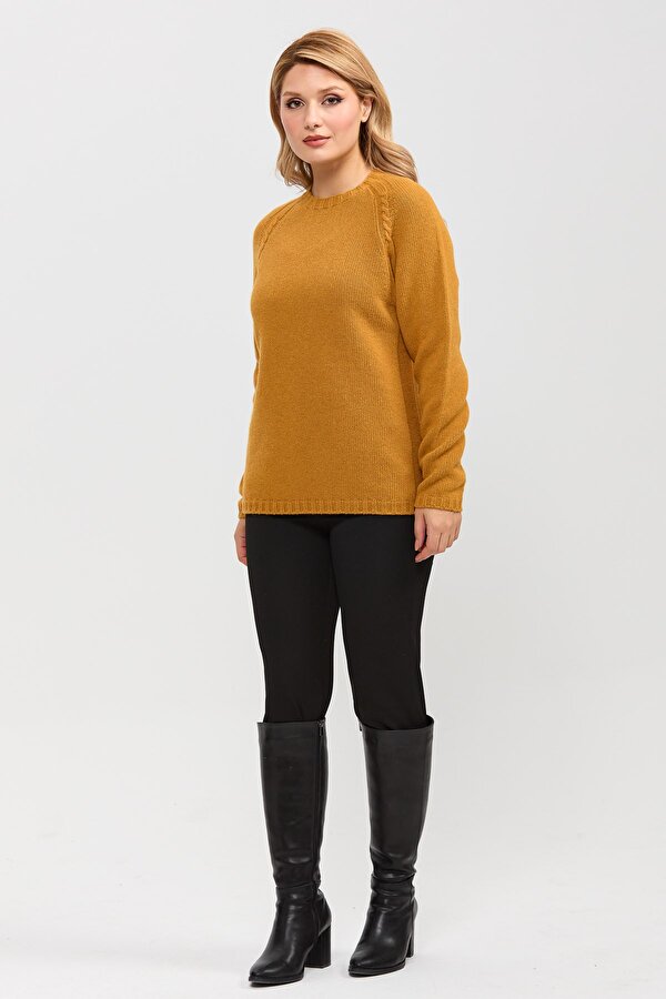 Kadın Sıfır Yaka Omzu Saç Örgülü Yün Kazak 22096 Hardal
