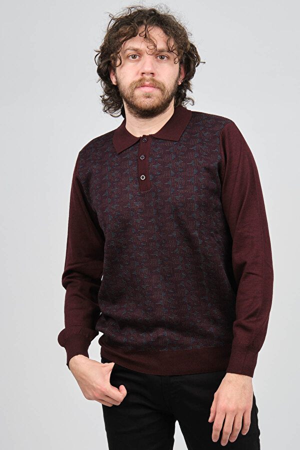 Erkek Desenli Polo Yaka Yün Kazak 1572001 Bordo