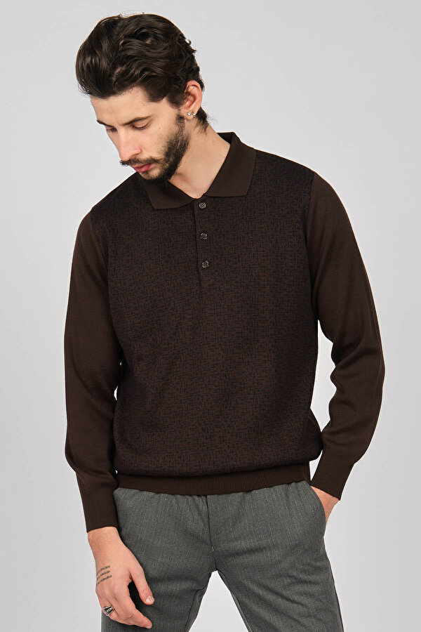 Erkek Desenli Polo Yaka Yün Kazak 1571033 Kahverengi