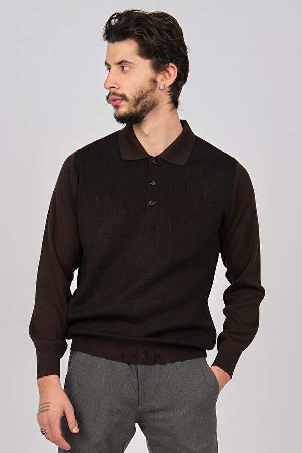 Erkek Desenli Polo Yaka Yün Kazak 1571193 Kahverengi