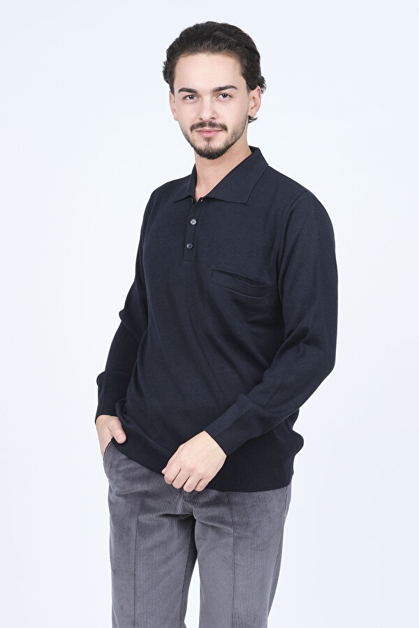 Erkek Polo Yaka Cep Detaylı Yün Kazak 6091023 Lacivert