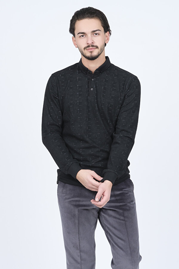 Erkek Desenli Polo Yaka Triko Sweat 6782251 Siyah