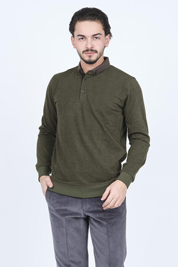 Erkek Desenli Polo Yaka Triko Sweat 6782251 Haki