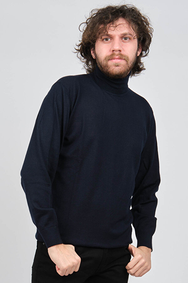 Erkek Tam Balıkçı Saf Yün Kazak 3869529 Lacivert