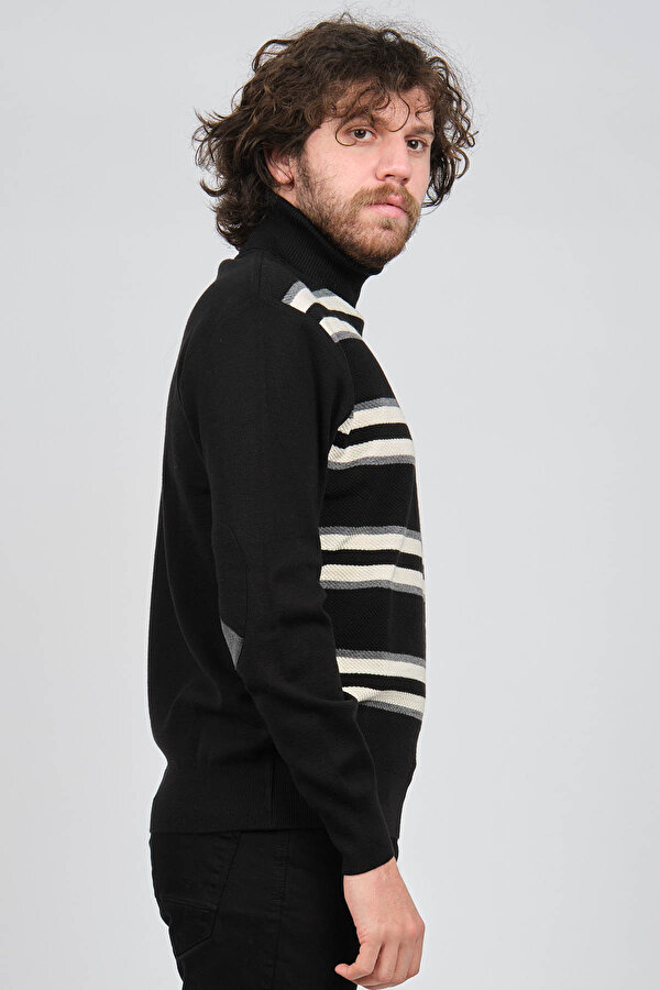 Erkek Tam Balıkçı Çizgili Yün Kazak 3869077 Siyah