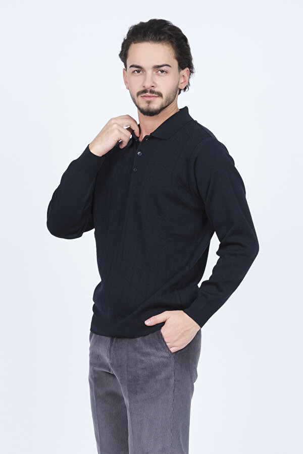Erkek Desenli Polo Yaka Triko Yün Kazak 5597141 Lacivert