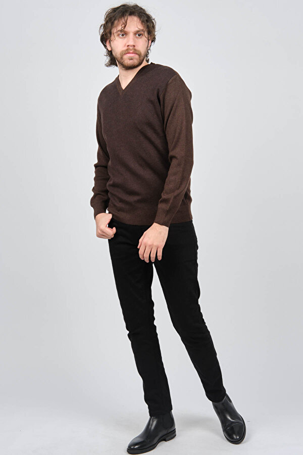 Erkek V Yaka Desenli Yün Kazak 6091746 Kahverengi