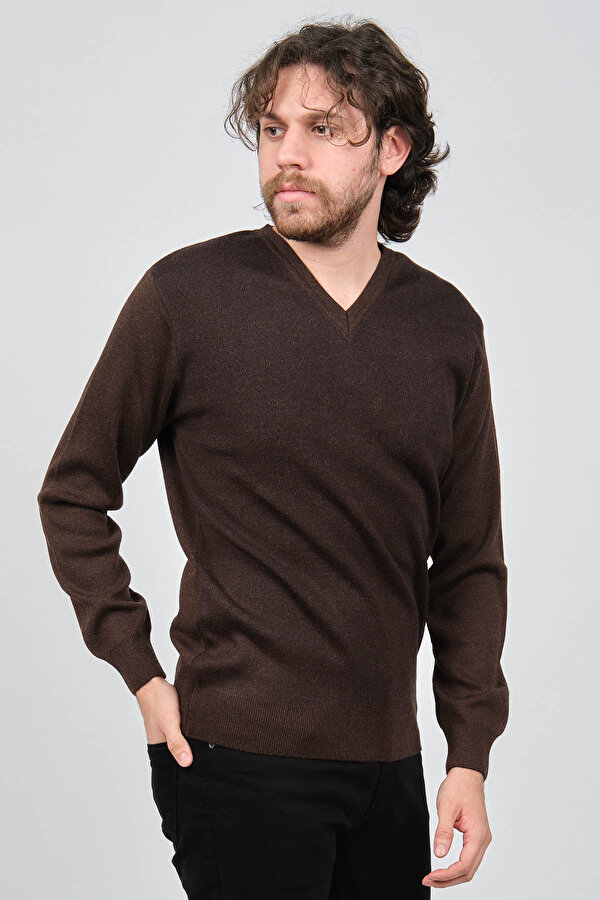 Erkek V Yaka Desenli Yün Kazak 6091746 Kahverengi