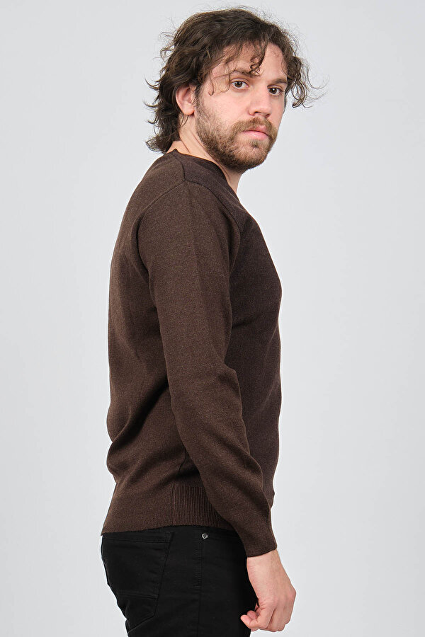 Erkek V Yaka Desenli Yün Kazak 6091746 Kahverengi