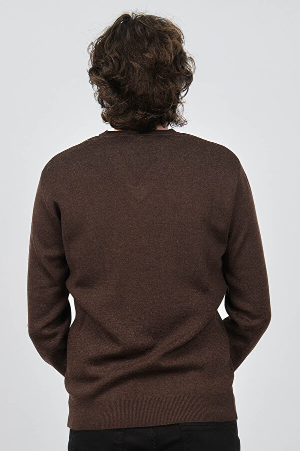 Erkek V Yaka Desenli Yün Kazak 6091746 Kahverengi