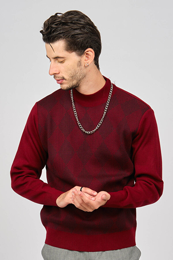 Erkek Baklava Desenli Yünlü Kazak 4539200 Bordo