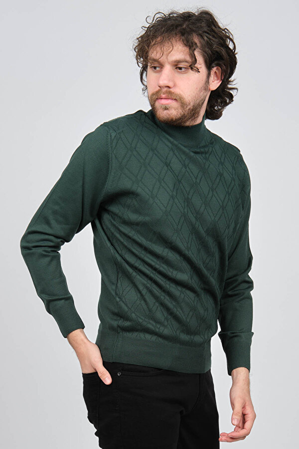 Erkek Yarım Balıkçı Desenli Yün Kazak 4537210 Yeşil