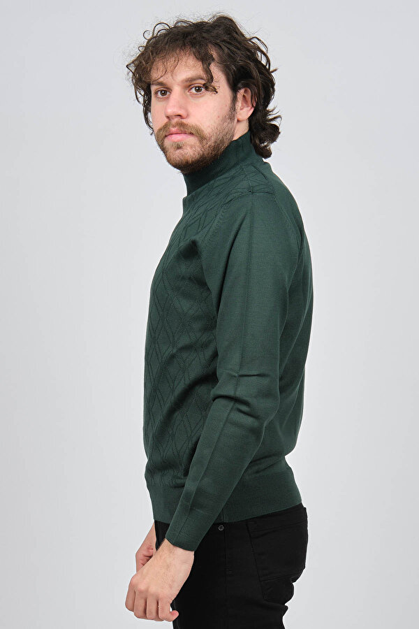 Erkek Yarım Balıkçı Desenli Yün Kazak 4537210 Yeşil