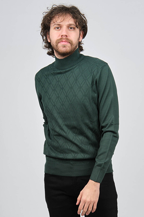 Erkek Yarım Balıkçı Desenli Yün Kazak 4537210 Yeşil