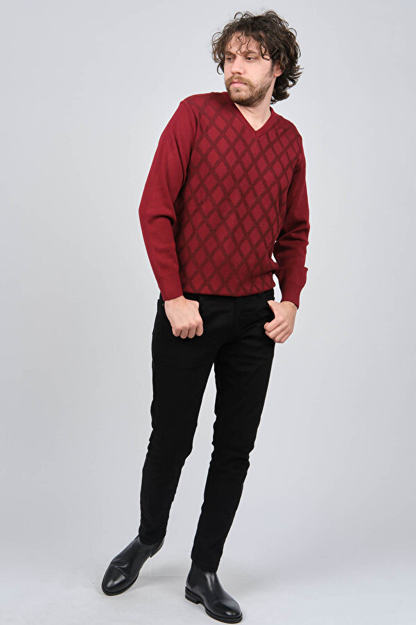 Erkek V Yaka Desenli Yün Kazak 4539072 Bordo