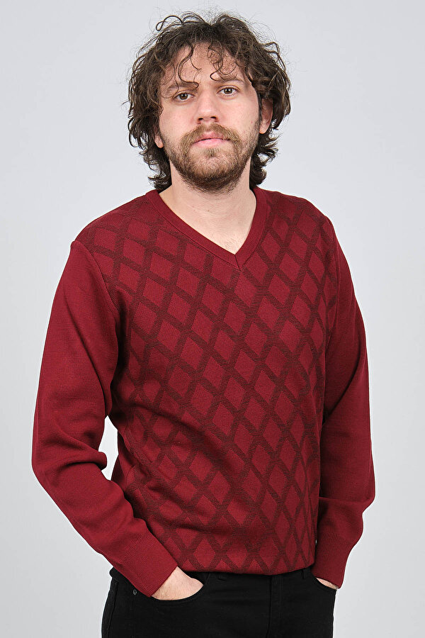 Erkek V Yaka Desenli Yün Kazak 4539072 Bordo