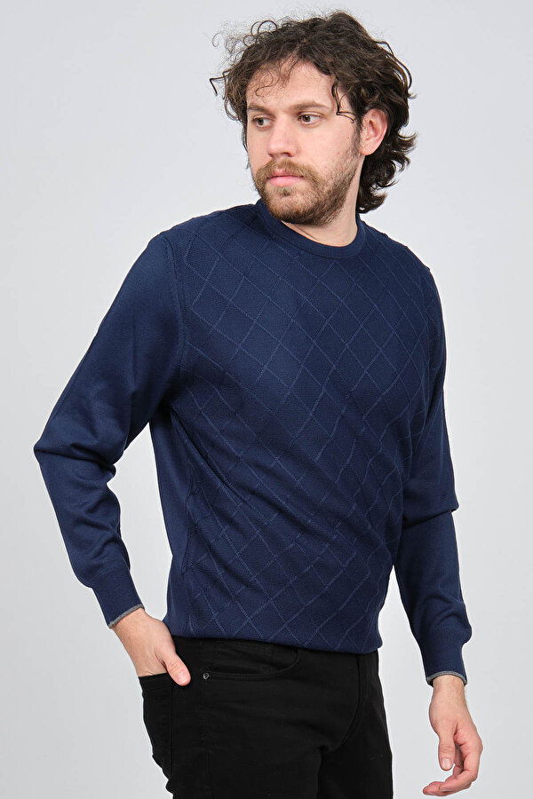 Erkek Bisiklet Yaka Baklava Desenli Yün Kazak 4537073 Açık Lacivert