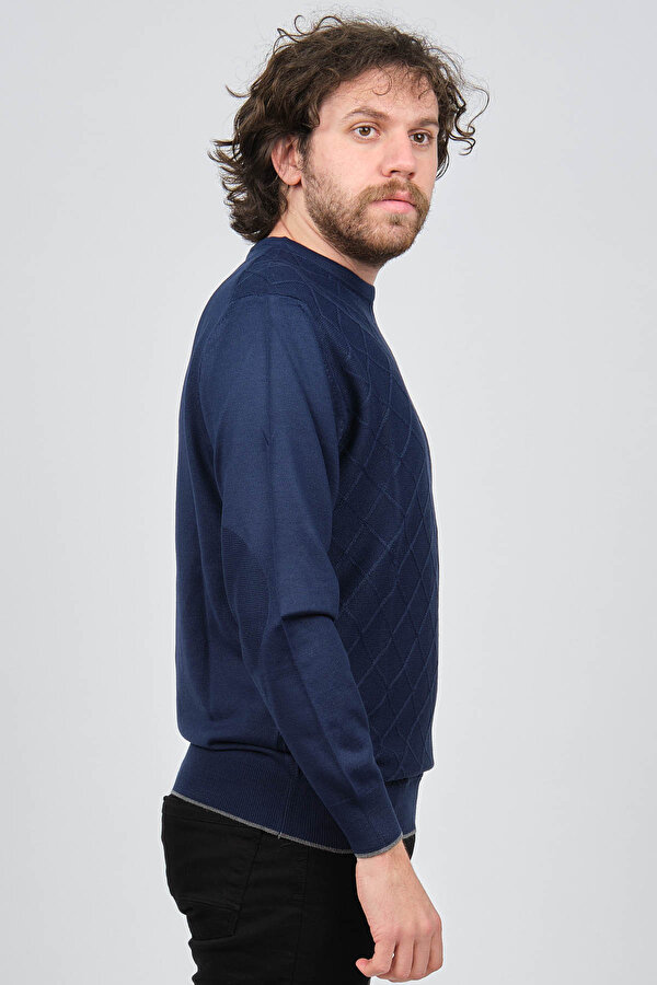 Erkek Bisiklet Yaka Baklava Desenli Yün Kazak 4537073 Açık Lacivert