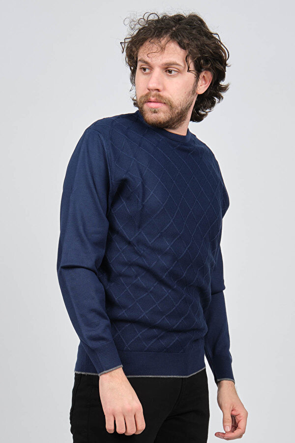 Erkek Bisiklet Yaka Baklava Desenli Yün Kazak 4537073 Açık Lacivert