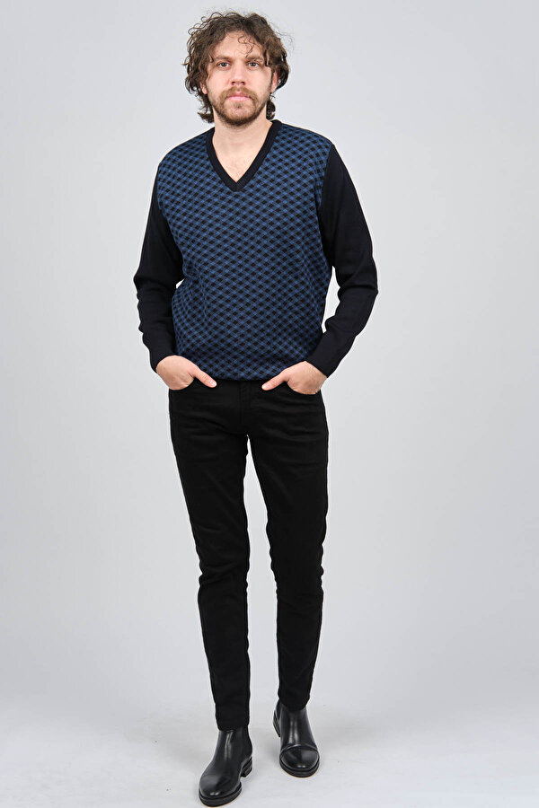 Erkek V Yaka Desenli Yün Kazak 4539082 Lacivert