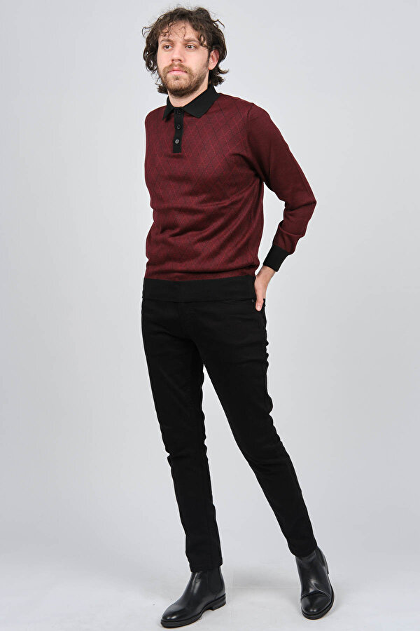 Erkek Polo Yaka Desenli Yün Kazak 4537094 Bordo
