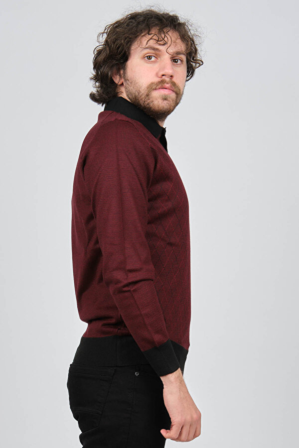 Erkek Polo Yaka Desenli Yün Kazak 4537094 Bordo