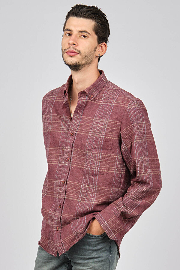 Erkek Çizgili Uzun Kollu Yün Apre Gömlek 0171103 Bordo