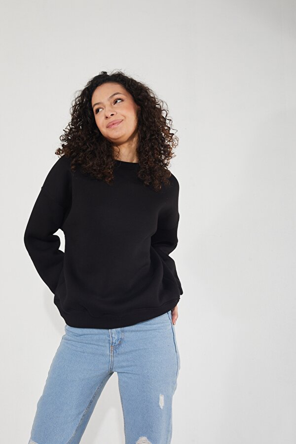 Kadın Bisiklet Yaka Uzun Kollu Basic 3 İplik Şardonlu Sweatshirt