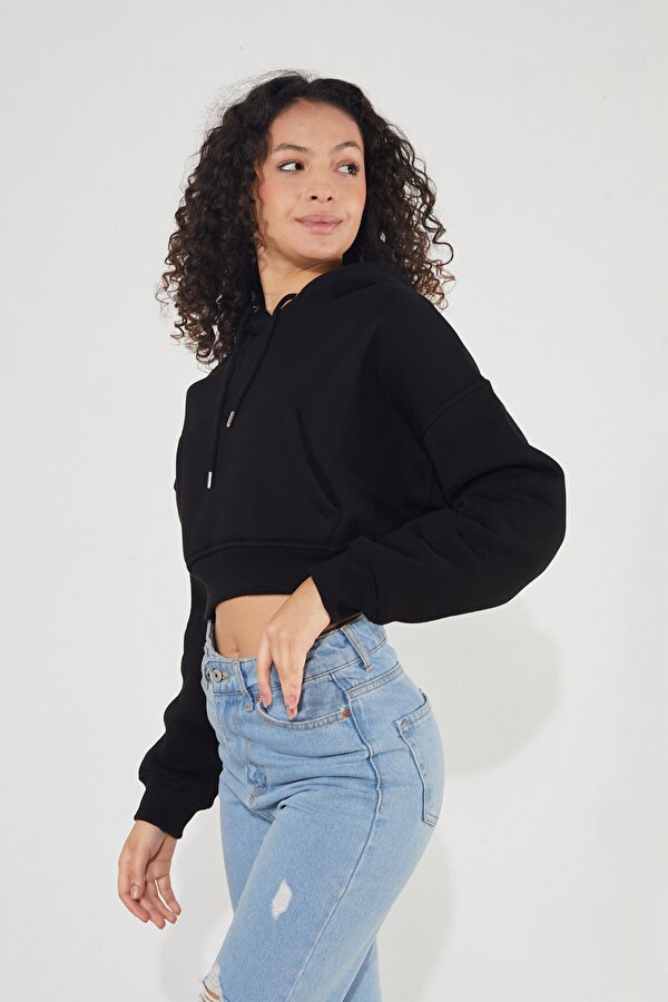 Kadın Kapüşonlu Kanguru Cepli 3 İplik İçi Polarlı Şardonlu Basic Kalın Crop Sweatshirt