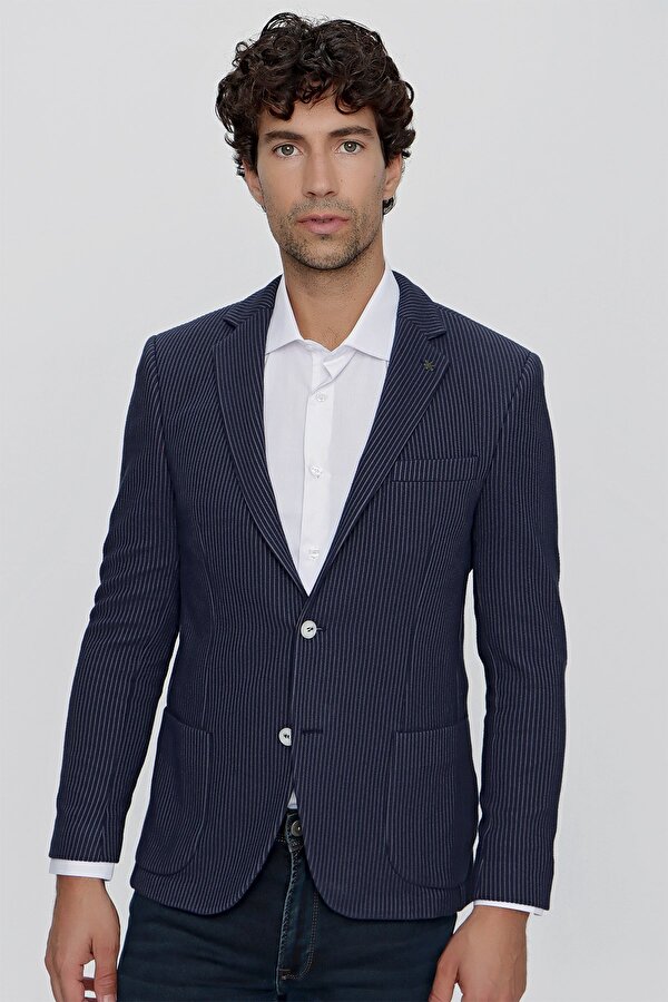 Erkek Örme Çizgili Slim Fit Torba Cep Ceket 2009 Lacivert