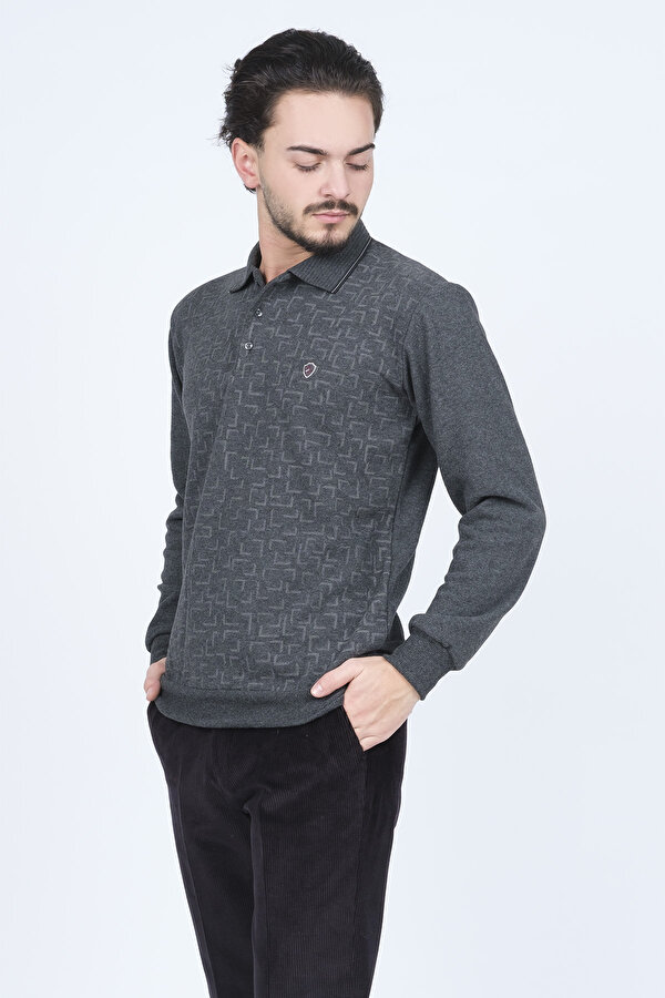 Erkek Desenli Polo Yaka Triko Sweat 6741256 Gri