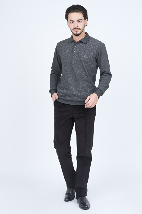 Erkek Desenli Polo Yaka Triko Sweat 6741256 Gri