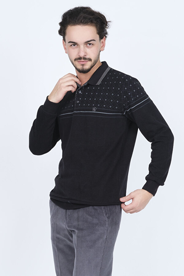 Erkek Desenli Polo Yaka Triko Sweat 6741254 Siyah
