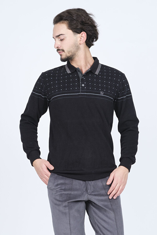 Erkek Desenli Polo Yaka Triko Sweat 6741254 Siyah