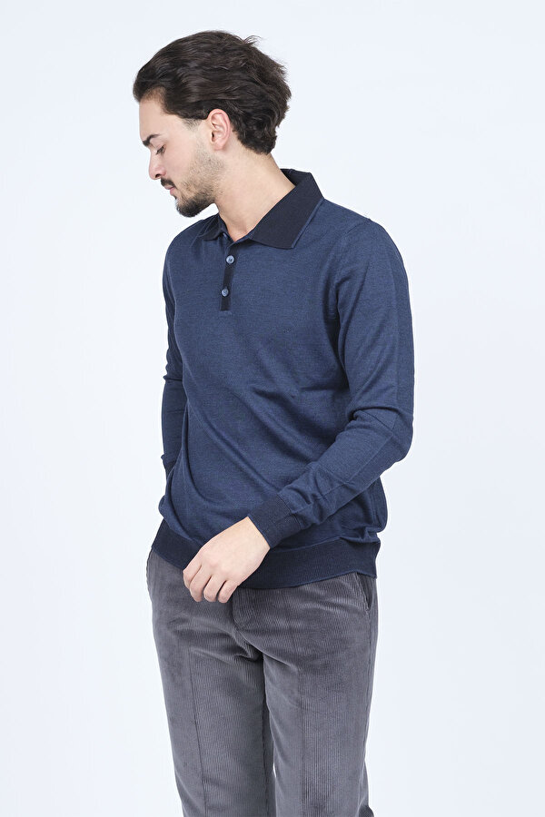Erkek Polo Yaka Yün Kazak 6091903 Indigo