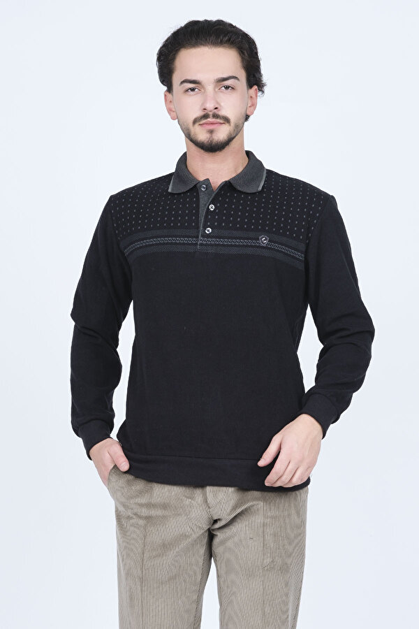 Erkek Desenli Polo Yaka Triko Sweat 6741251 Siyah
