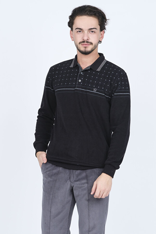 Erkek Desenli Polo Yaka Triko Sweat 6741254 Siyah