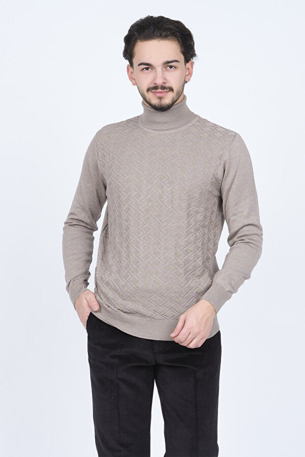 Erkek Desenli Tam Balıkçı Triko Kazak 67822507 Taş