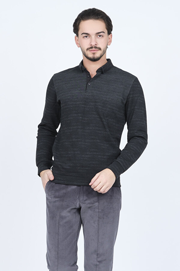 Erkek Desenli Polo Yaka Triko Sweat 6782257 Siyah