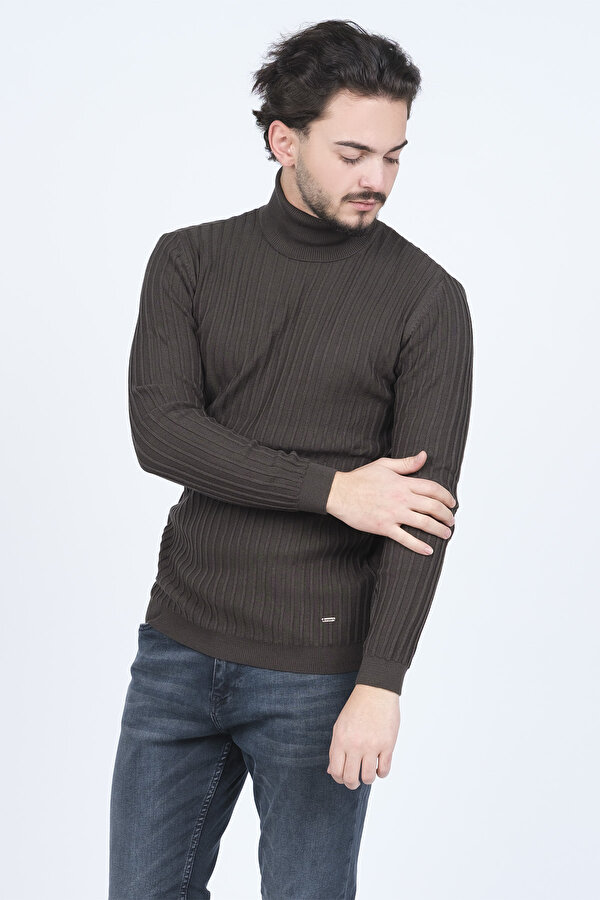 Erkek Fitilli Tam Balıkçı Triko Yün Kazak 67822887 Haki