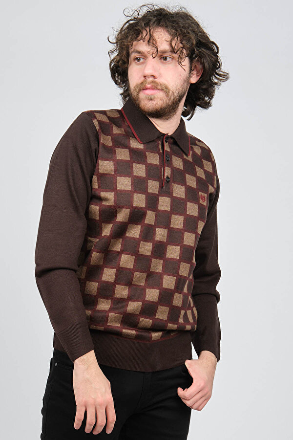 Erkek Desenli Polo Yaka Kazak 1577428 Kahverengi
