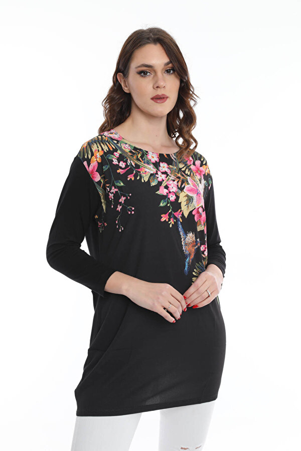 Kadın Çiçek Desenli Uzun Bluz 5010069 Siyah